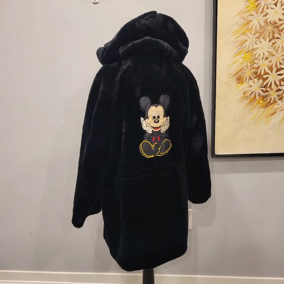 Vintage Mickey Mouse Unlimited Faux Fur Long Jacket Black Size Large - Picture 1 of 15